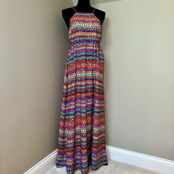 CeCe by Cynthia Steffe Multicolor Abstract Open back Halter Maxi Dress size 6 - Picture 1 of 8